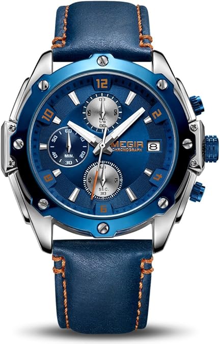 MEGIR Men Business Analogue Quartz Watch with Fashion Blue Leather Strap Chronograph Luminous Auto Calendar for Sport & Work 2074 Blue