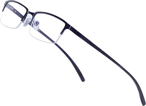 Blue Light Blocking Glasses for Men Vintage Half-Rim Rectangular Metal Eyewear Frame with Clear Transparent Lens UV400 with Case