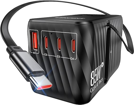 LENCENT 85W Universal Travel Adapter with Retractable USB C Cable, GaN | International Plug Adapter with 3 Type C&1 USB A Ports Fast Charging, Worldwide Outlet Converter for US to European EU UK AUS