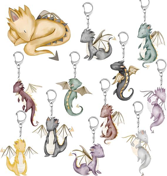 12 PCS Dragon Keychain, Watercolor Dragon Party Favors Magical Dragon Birthday Party Decoration Whimsical Dragon Party Supplies Dragon Key Ring
