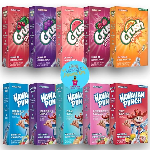 D'Elite Box Assorted Crush Powder Drink Mix and Hawaiian Punch Powder Drink Mix 10 box total- Sugar Free & Delicious, Excellent source of Vitamin C packaged as a Combo Assorted Gift Pack with a Bonus Inspirational Magnet by D'Elite Box