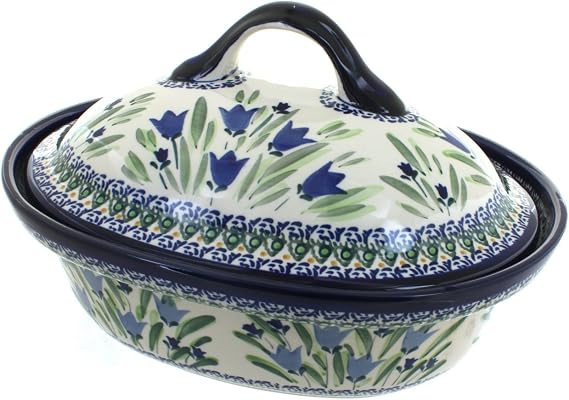Blue Rose Polish Pottery Blue Tulip Roaster with Lid