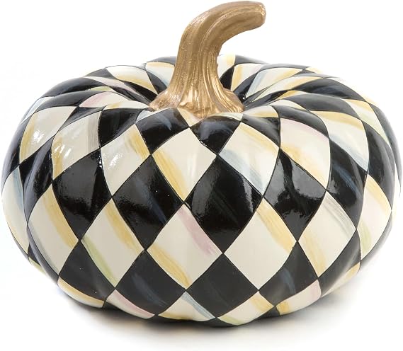 MACKENZIE-CHILDS Small Decorative Pumpkin for Fall Decor, Autumn Decorations for Home, Courtly Harlequin Squashed