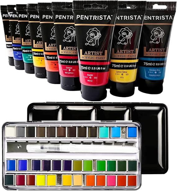 Acrylic Paint, 20 * 75 Heavy Body Acrylic Paints, 36 Colors Premium Solid Watercolor with Refillable Water Brush Pen Art Crafts Paint for Canvas, Professional Paint Sets for Art Lovers