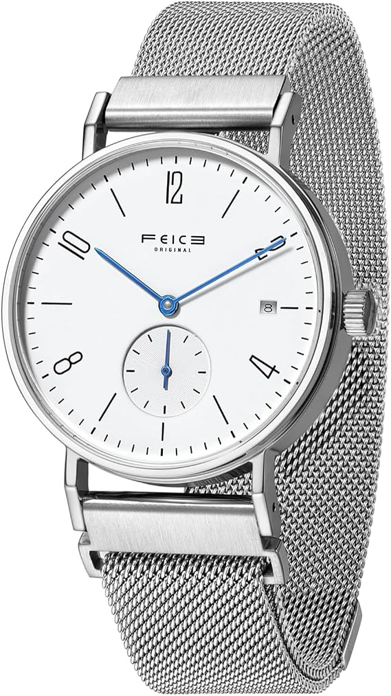 FEICE FM201 Men's Automatic Analog Watch, Luxury Skeleton, Face Watch, Men's, Mechanical, Sunset, Sapphire, Minimalist, Leather Strap, Waterproof, Popular, Business Watch for Men, Silver