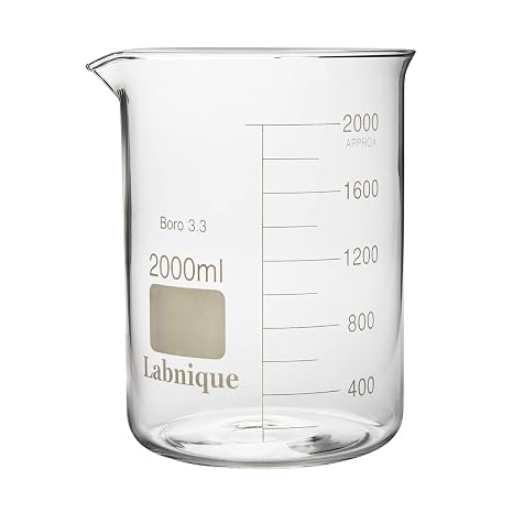 Labnique Large Borosilicate 3.3 Glass Griffin Beaker, Low Form with Printed Graduation (2000ml)