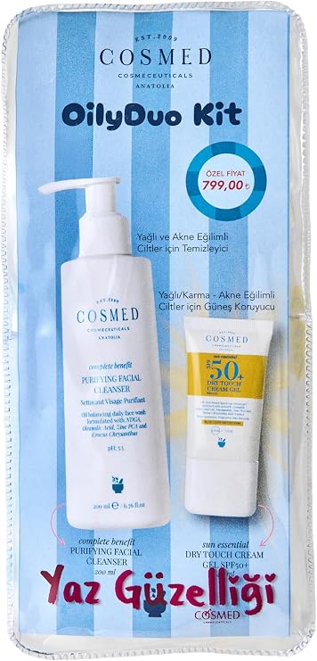 COSMED OilyDuo Kit, Yağlı/Karma Ciltler için Arındırıcı Yüz Temizleyici 200ml ve SPF50+ Güneş Kremi 40ml