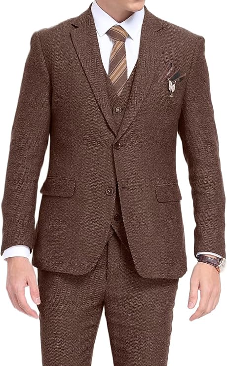 3 Piece Herringbone Tweed Suit Men's Wool Tuxedos Retro Set Prom Winter Jacket Blazer Vest Pants
