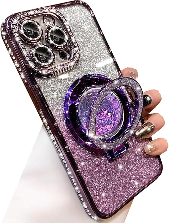 Changjia Glitter Kickstand Case for iPhone 15 Pro Max,Luxury Bling Sparkly Diamond Rhinestone with Camera Protector Liquid Flowing Ring Stand TPU Bumper Women Girls Case for iPhone 15 Pro Max (Purple)
