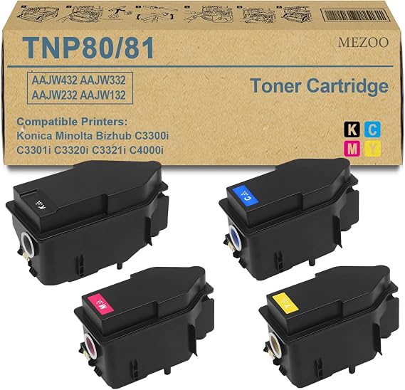 TNP80 TNP81 Toner Cartridge High Yield AAJW132 AAJW432 AAJW332 AAJW232 | Replacement for Konica Minolta Bizhub C3300i C3301i C3320i C3321i C4000i C4001i Printer(4 Pack, Black/Cyan/Magenta/Yellow)