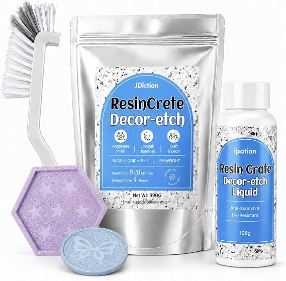 JDiction ResinCrete Decor-Etch Stone Effect Microcement Kit Aggregate Inlaid & Acid-Etch Formula | High Hardness & Fast Curing | 5:1 Precision Mix for Real Stone Texture (990g Powder+198g Liquid)