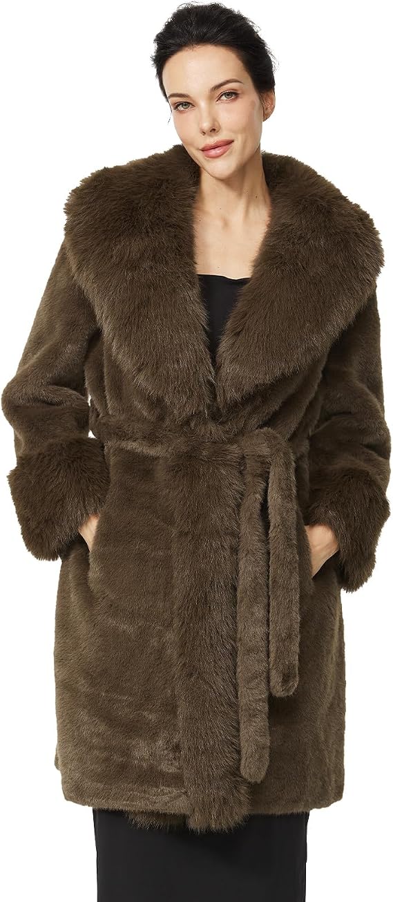 Luxurious Faux Fur Coat with Belt and Pockets Elegant Winter Knee Length Fur Jacket for Women Solid Color