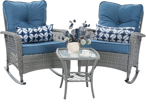 Patio Furniture Set 3 Pieces, Wicker Outdoor Rocking Bistro Set, Blue | Outdoor Rocker Chairs with 4" Thick Cushions and Coffee Table for Porch, Backyard or Garden