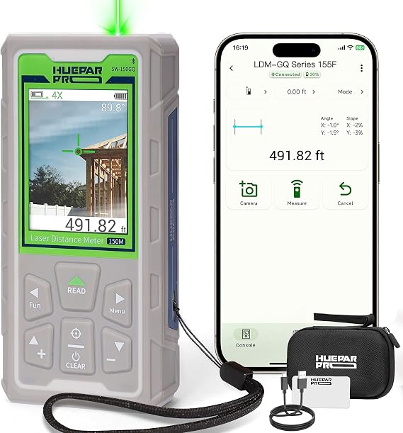 Huepar Pro Laser Measuring Tool, 495Ft Outdoor Laser Measure with Camera&Bluetooth Connected, Green Laser Distance Meter with P2P Technology, Free APP, IP68, Micro USB Cable, Hand Strap&Pouch-SW-150GQ