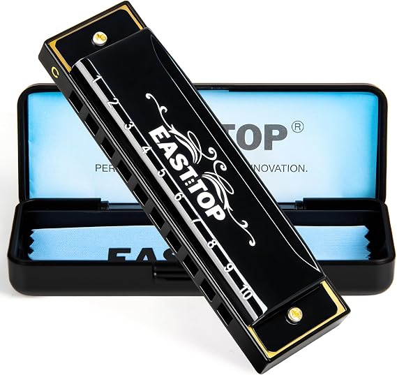 East top Harmonica, C Key Blues Harmonica for Beginners,Adults, Kids and Teenagers,10 Holes Mouth Organ For Students as Gift (BLACK)