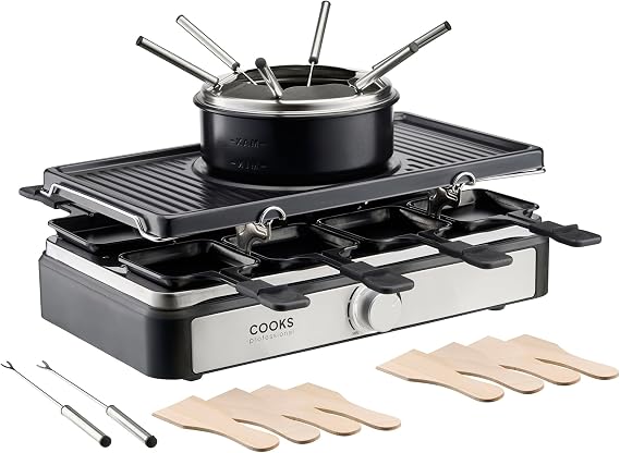 Cooks Professional Electric Raclette Grill & Fondue Set 1400w with Non-Stick Metal Grill Plate, 1L Pot, Mini Pans, Wooden Spatulas, Forks & Adjustable Thermostat for Parties & Group Dining | 8 Person