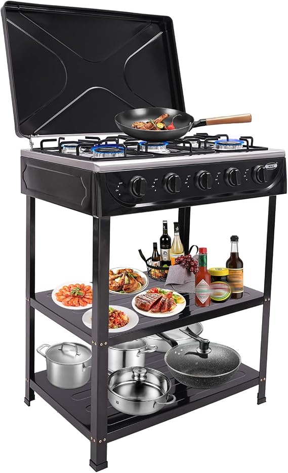 5-Burner BBQ Gas Grill, Steel Silver Outdoor Portable Camp Stove with 2 Tiers Stand & Legs, Wind Blocking Cover Adapter Manual Ignition Gas Stove for Backyard, Camping or Picnicking (Black,5)
