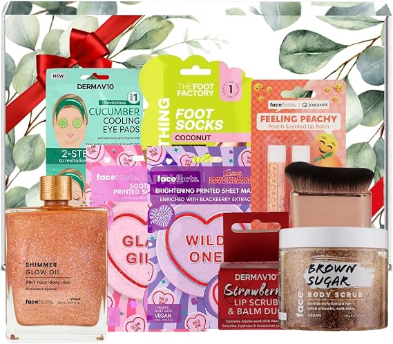 Shimmer Beauty Bundle – Glow Oil with Brush, Facial Sheet Masks, Lip Care & Radiant Hair Face Body Essentials Set, Gift Box Included