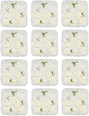 12PCS Artificial Flower Wall Background Silk Rose Mat 3D Flower Wall Panel for Wedding Backdrop Decor 15x15 Inch Photo Backdrop Floral Wall White
