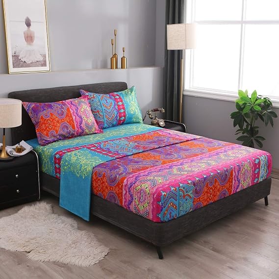 Pangzi Bohemian Retro Bedding Sheet Set,Boho -1 Fitted Sheet, 1 Flat, 2 Pillow Cases - 4 Piece (Queen, Red)