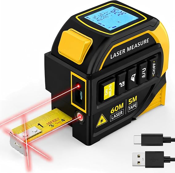 TEPU Laser Tape Measure 4-in-1, 197FT Laser Distance Meter with 16FT Auto-Lock Tape, Cross-Line Laser Level, Dual-Axis Angle, Backlit LCD, Distance/Area/Volume, Pythagorean Theorem & Angle Measurement