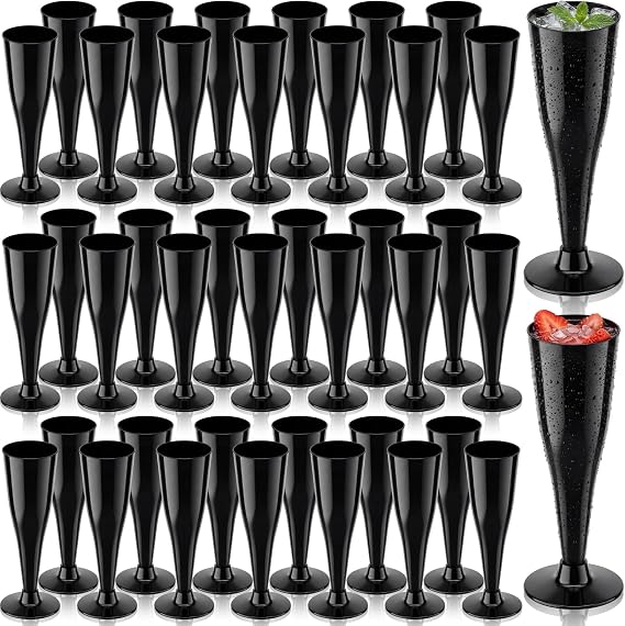 Domensi 40 Pack Black Champagne Flutes Bulk 5 oz Disposable Plastic Champagne Toasting Glasses Elegant Cocktail Cups for Graduation Weddings Bachelorette 2026 Party Supplies, Reusable