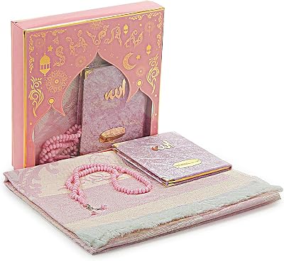 ihvan online Prayer Gift Set for Men & Women, Muslim Taffeta Prayer Rug, Salah Mat, Beads Rosary, Velvet Covered Yaseen Islamic Gift Set for Ramadan & Eid, Pink