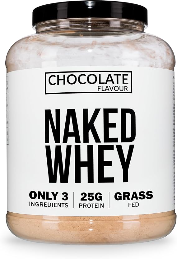 Naked Chocolate Whey Protein Powder, Only 3 Ingredients, Grass Fed, Gluten Free, Soy Free, GMO Free, 25g Protein and 6g BCAAs per Scoop, 60 Servings, 2280g