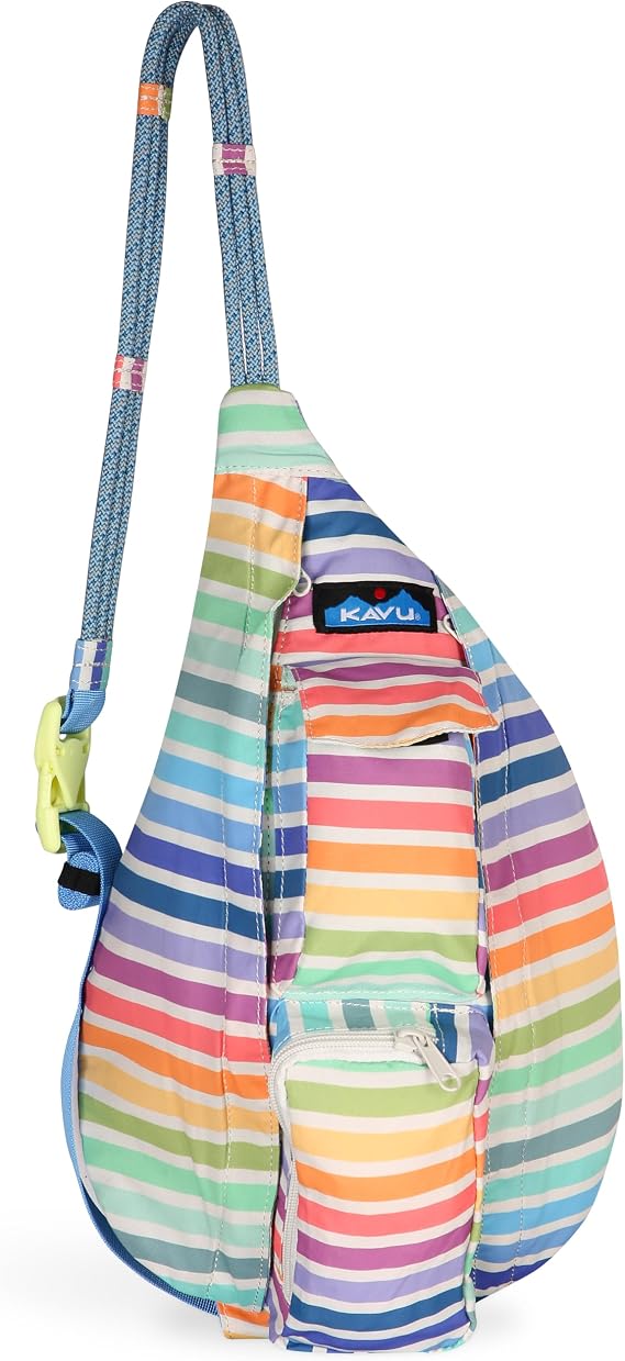 KAVU Mini Slingback Pack with Adjustable Rope Shoulder Strap, Rainbow Stripe
