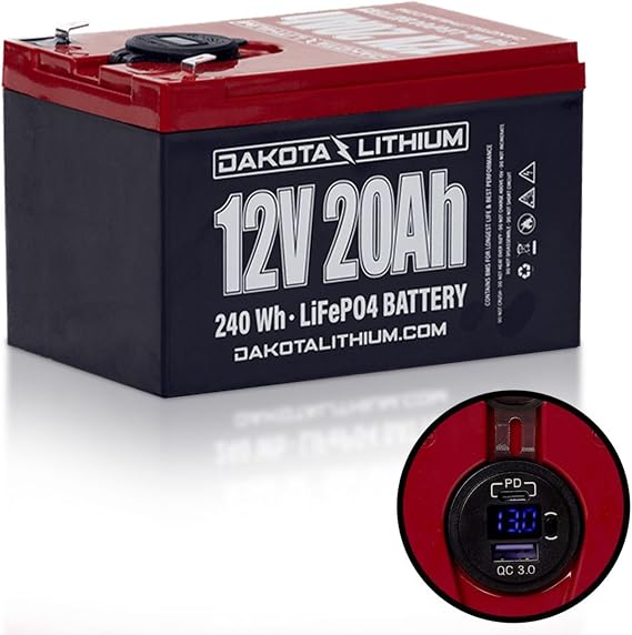 Dakota Lithium 12V 20Ah LiFePO4 Deep Cycle Battery with Voltmeter and Dual Waterproof USB Ports , 2000+ Cycles Perfect for Ice Fishing, Fish Finders, and More