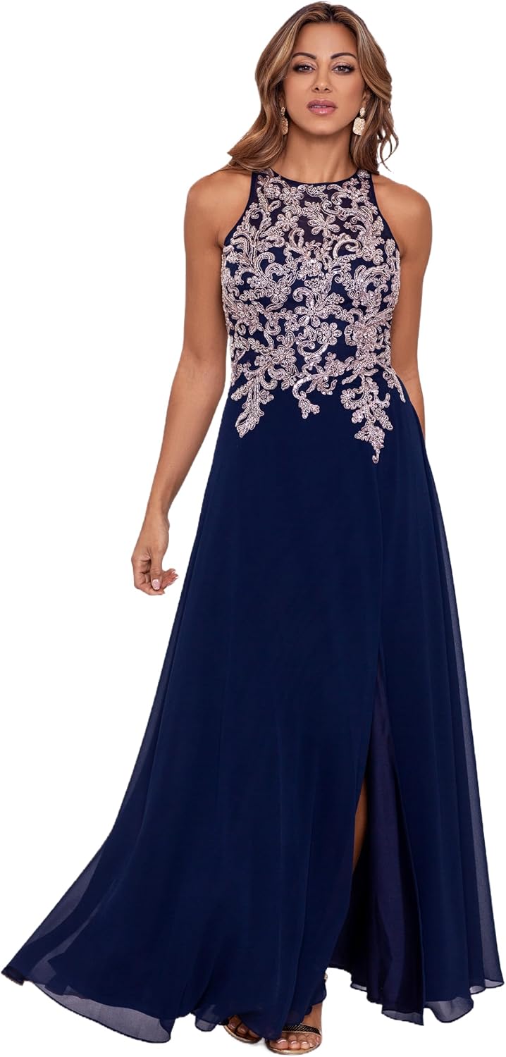 Betsy & Adam Womens Long Sleeveless Halter Metallic Print Wrap Overlay Gown