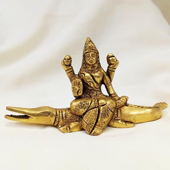 Brass Ganga Mata Idol Sitting on Crocodile Small Maa Ganga Statue 2.5" Inch India's Most Sacred River Hindu Goddess Idol Sculpture Collectible Figurine for Temple Puja Home Decor Office Gift 300 Grams
