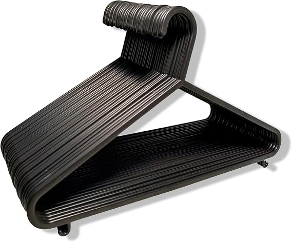 REQUISITE NEEDS Standard Coat Hangers Black Colour Strong Plastic Adult Clothes with Suit Trouser Bar and Lips 37.5cm Wide (Pack of 100)