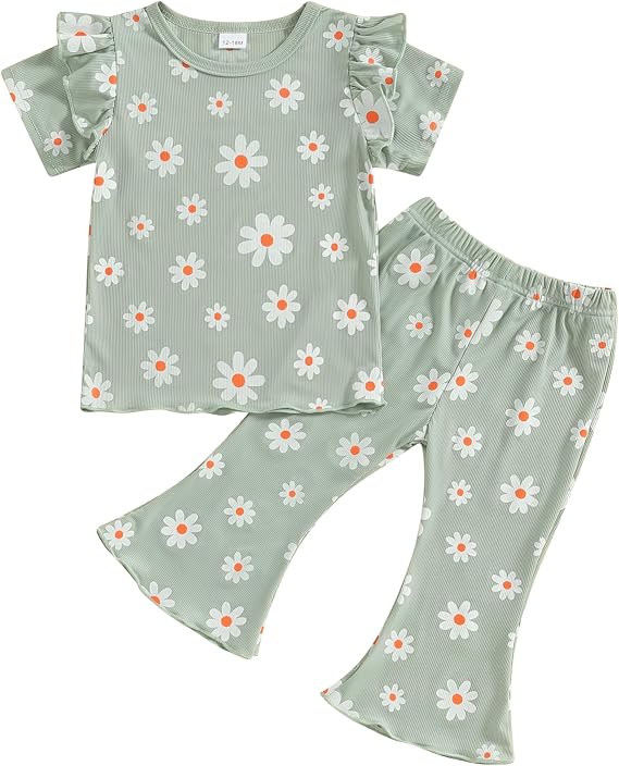 Fernvia Toddler Baby Girl Summer Clothes Set Ruffle Knit Ribbed Short Sleeves T-Shirts Tops Pants 2Pcs Outfits 0-5T