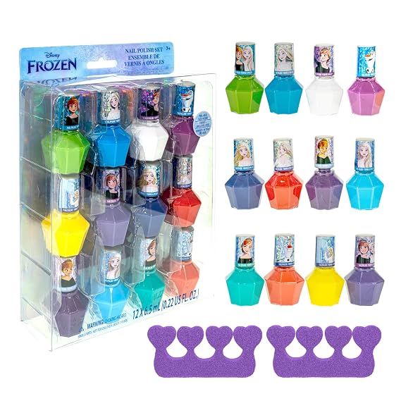 Disney Frozen Nail Polish Set, 12-Piece Peel-Off with Toe Spacers, Ages 3+