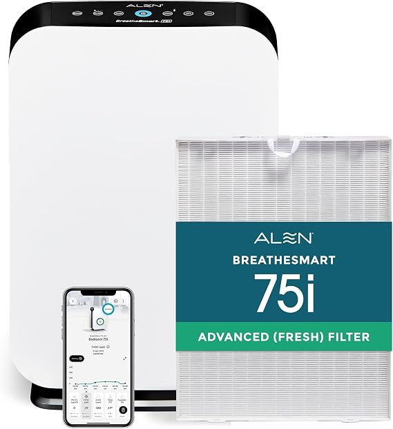 Alen Air Purifier BreatheSmart 75i HEPA with Fresh Filter + Carbon for Large Rooms up to 2800 Sq. Ft - for Living Room & Kitchen - Captures Allergens, Dust, Mold + Household Odors & Smoke - White