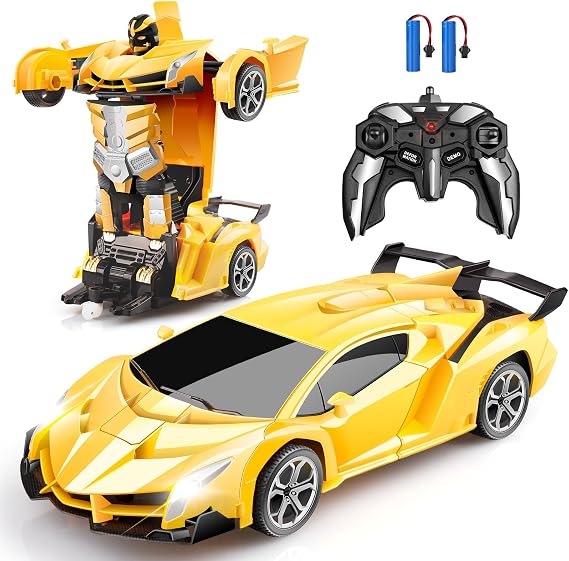 Blackma Transform RC Car Toy - Remote Control Car with Flashing Lights, One-Button Deformation, 2.4GHz & 360 Rotation, Gift for Kids Boys Girls Ages 4-12 - Yellow