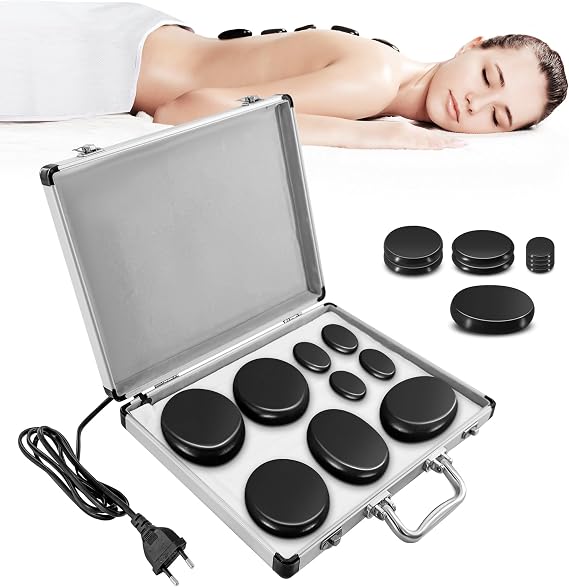 Loyala Hot Stone Massage Set, Portable Hot Stones Massage Warmer Kit with Heating Box, Hot Rocks Basalt Stones with Heater for Home Spa Warming Therapy Relaxing (Black, 9 Pcs)