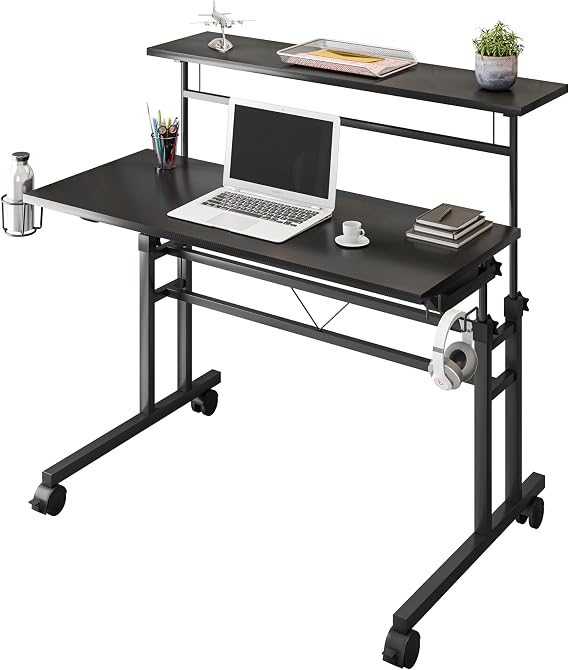 Techni Mobili Rolling Adjustable Height Writing Desk with Cup Holder, Black