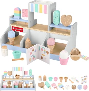 Fisher-Price Preschool Toy Wooden Ice Cream Shop Playset, 18 Wood Pieces for Pretend Play Ages 3+ Years