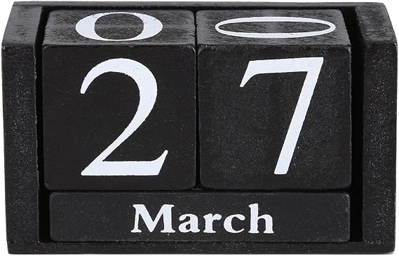 Calendar Vintage Wooden Cubes Desktop Month Date Display Wood Block Perpetual Calendar Home Office Decoration(Black)