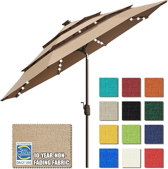 EliteShade Solar Umbrellas Sunbrella 9ft 3 Tiers Market Umbrella with 80 LED Lights Patio Umbrellas Outdoor Table Umbrella with Ventilation (Sunbrella LED Heather Beige)