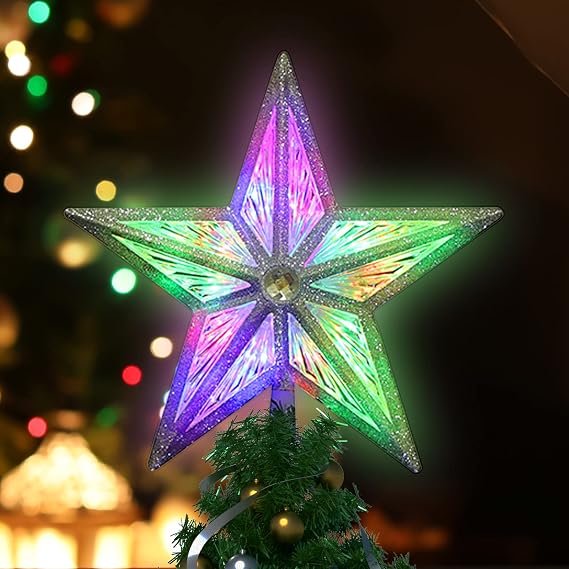 LAMPHOME 8" 10LED Christmas Star Tree Topper, 3D Golden Glitter Tree Toppers Christmas Decorations for Christmas Tree(Multicolor)