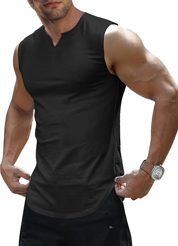 JMIERR Men's Ribbed Tank Tops Knit Sleeveless Workout T Shirt Muscle Gym Fitness Tee