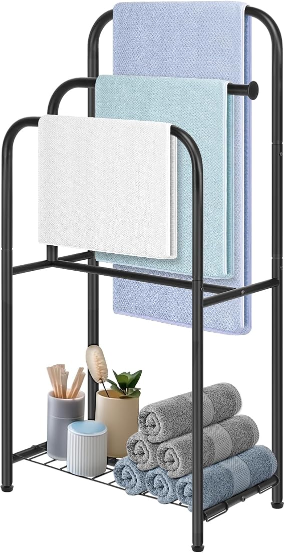 Towel Racks for Bathroom, 35" H Standing Towel Holder 3 Tier Metal Pool Towel Hanger Outdoor Floor with Storage Shelves for Blanket Bath Towel Drying (Matte Black)