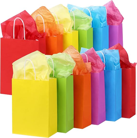 OUTUXED 30pcs Paper Gift Bags with 30 Tissues Bulk, 6 Colors Party Favor Bags with Handles, Small Goodie Bags Gift Bags for Birthday, Party Supplies and Crafts