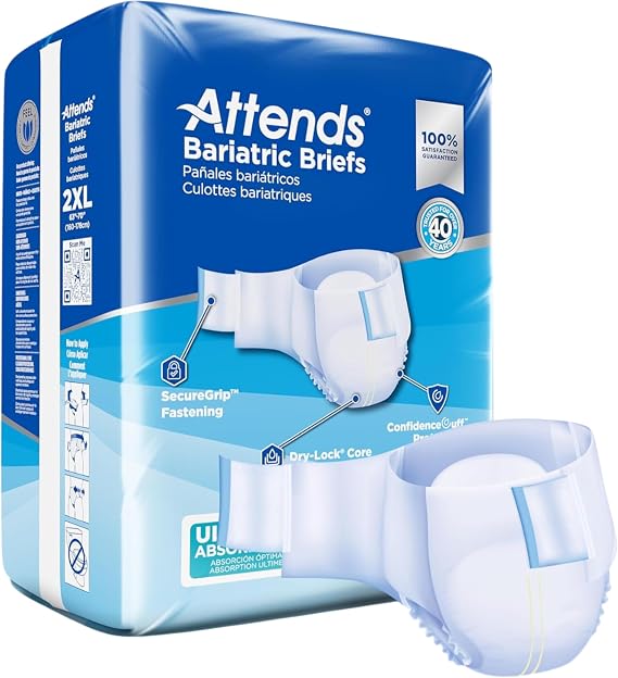 Attends Bariatric Incontinence Disposable Briefs, XX-Large, 63"-70" Waist with Tab Closures, Ultimate Absorbency, Dry-Lock Containment Core and ConfidenceCuff Leakage Protection, 2XL 12ct Bag