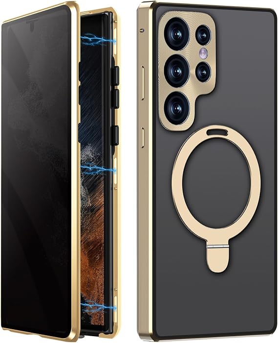 Anti Peep Case for Samsung Galaxy S22 Ultra, Magnetic Attraction Metal Bumper Privacy Screen Protector 360 Double Sided Protection with Magnetic Invisible Stand,Gold