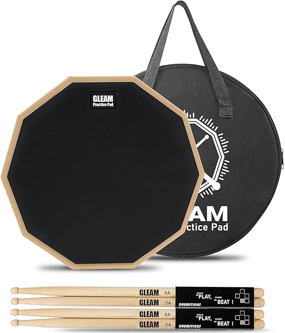 GLEAM 12 inch Drum Practice Pad with Carrying Bag and 2 Pairs Drum Sticks - Rubber Surface High Density Compressed Wood Foam Backside Black Double-sided