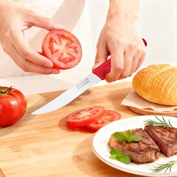 Professional Tomato Knife Set with Onion Holder - 3 Pack Serrated Stainless Steel Blades for Slicing Tomatoes, Bread, Steak - Multi-Color Ergonomic Handles, Kitchen Gadgets & Assistant Tool